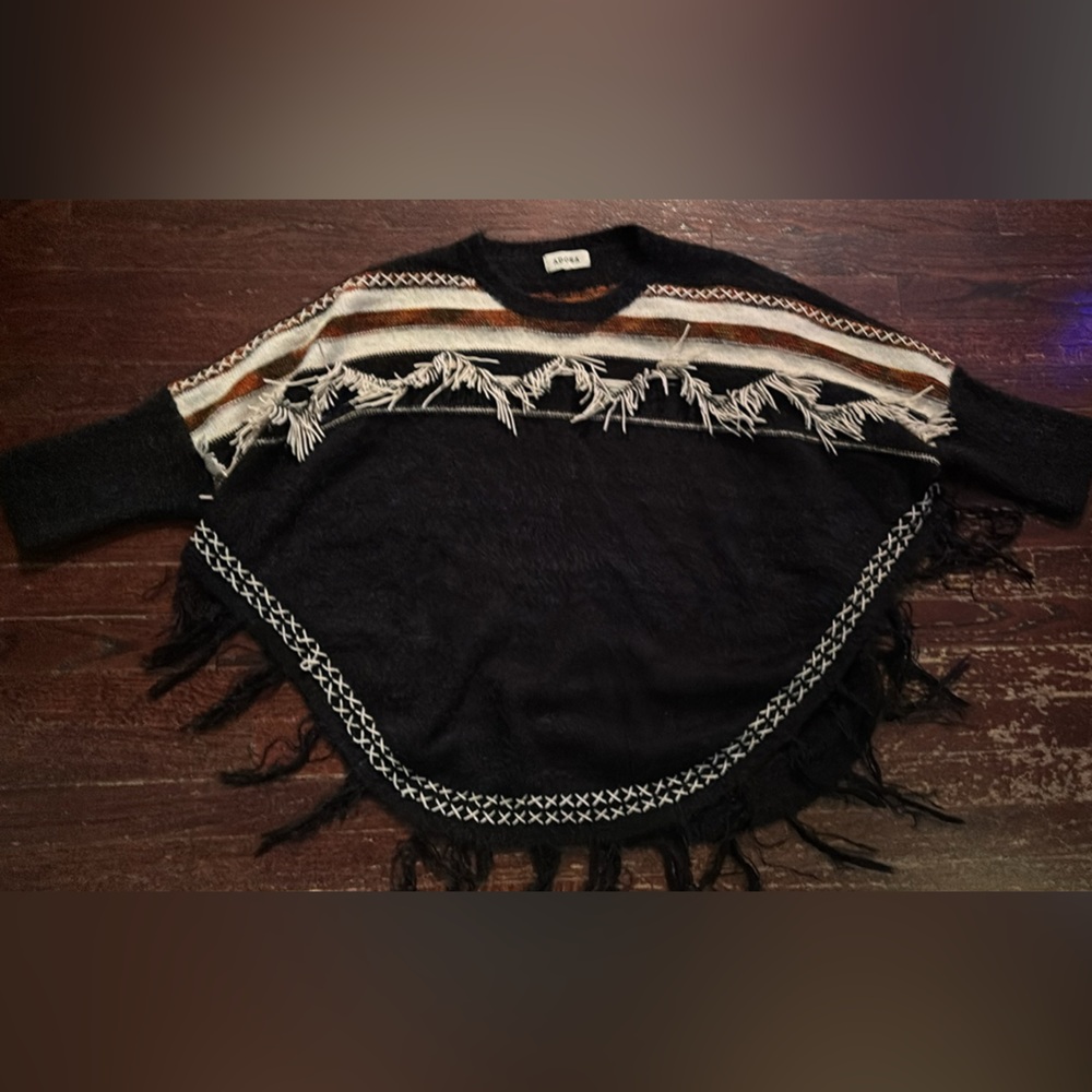 ADORA Black and White Fringed Poncho
